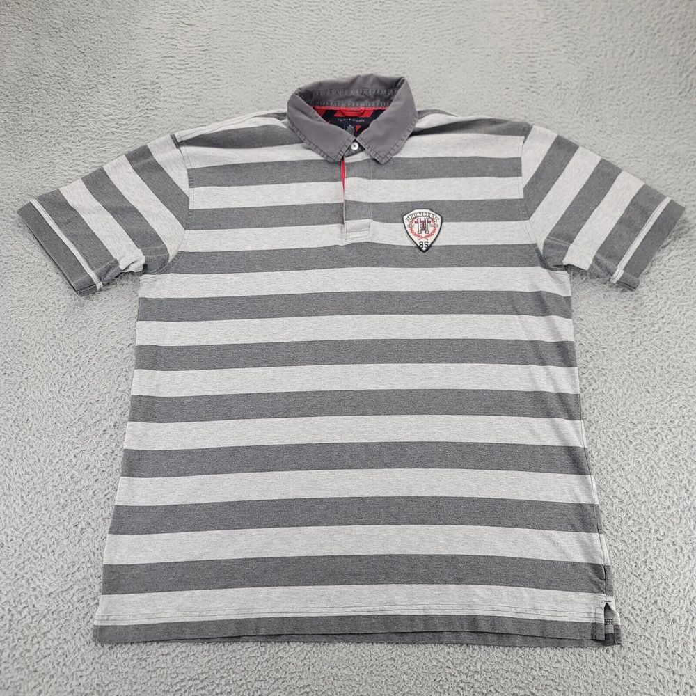 Tommy Hilfiger Shirt Mens XL Gray Crest Logo Preppy Striped Polo Golf Academia